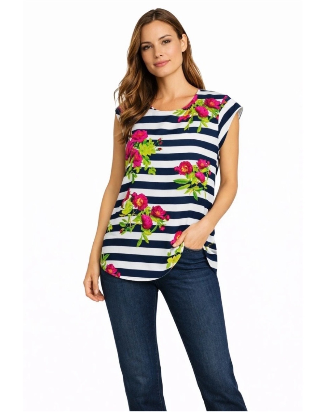 Navy & White Striped Floral Cap-Sleeve Top by charming Charlie